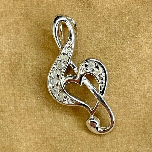 Vintage 925 Sterling Silver Rhinestone Treble Clef Design Pendant Marked MO - Picture 2 of 6